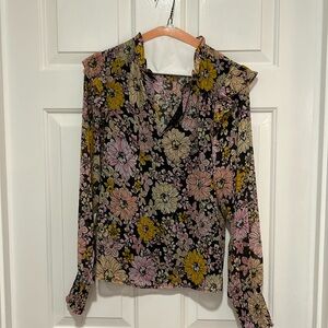 Ladies, brownish / blackish pink, orange floral blouse. Size small.